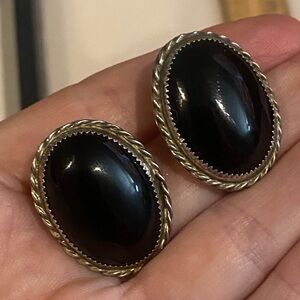 Vintage Sterling Silver Black Onxy Clip-On Earrings